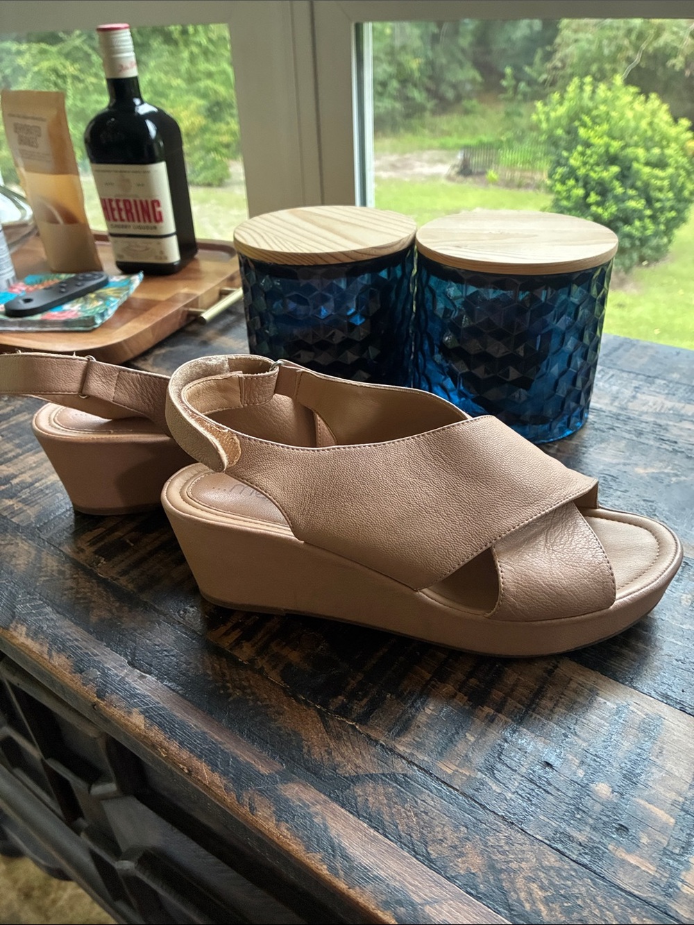 me too Neutral Tan Crisscross Wedge Sandals